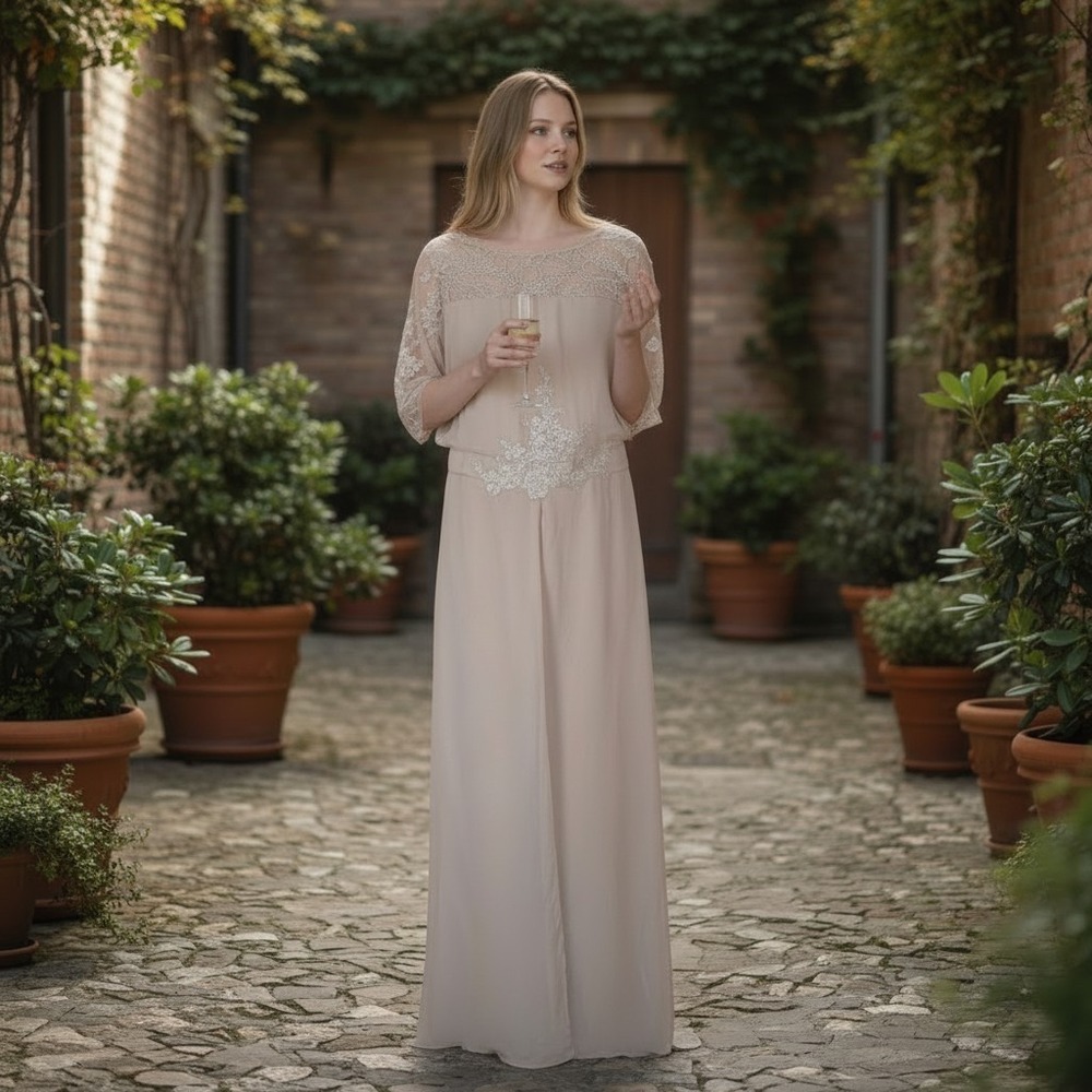 Pants Suit with Chiffon Overlay 18 Beige Embroidered Sheer Sleeve Party Wedding